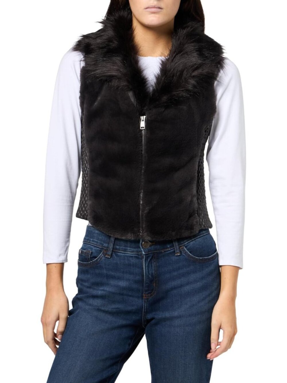 Guess Women's Bark Brown Multi Sleeveless Amari Faux Fur Polyester Vest Jackets